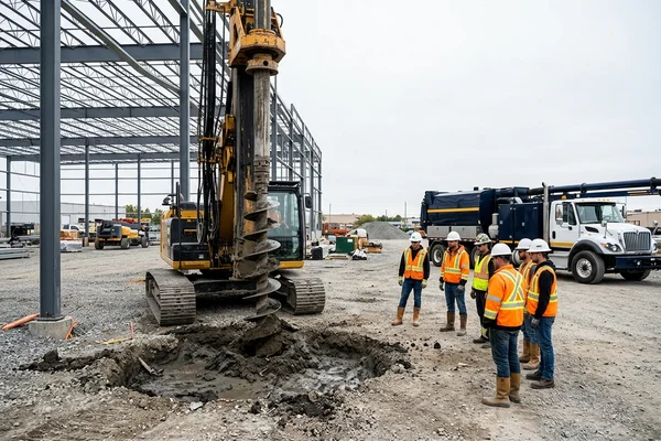 Auger rig following a hydrovac crew into pre-cleared holes at a warehouse canopy site