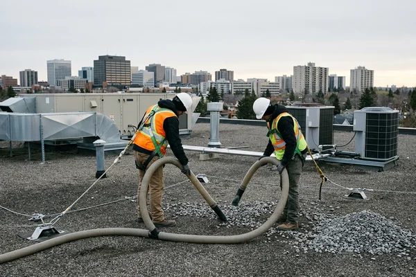 Dry vacuum removing gravel from a commercial roof deck