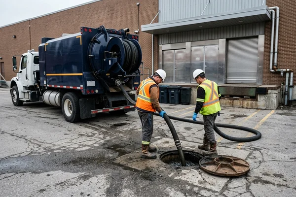 Grease trap cleanout behind a banquet hall kitchen