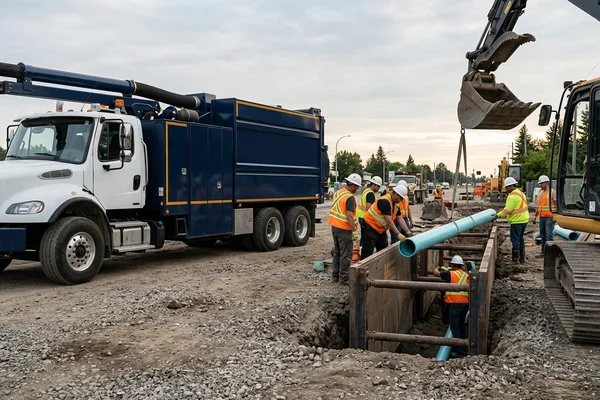 Rental truck on standby while a contractor installs new pipe