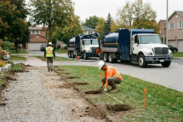 Retaining wall holes along a Unionville property line near marked fiber