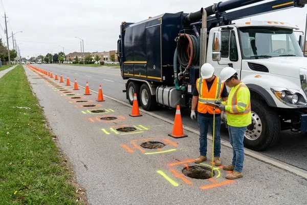 Row of marked test holes along Finch Ave W with crew recording depths