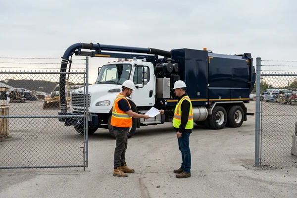 Driver handing a waste manifest to a facility manager at the gate