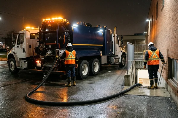 Vacuum hose into a commercial basement during a night-time sewer backup