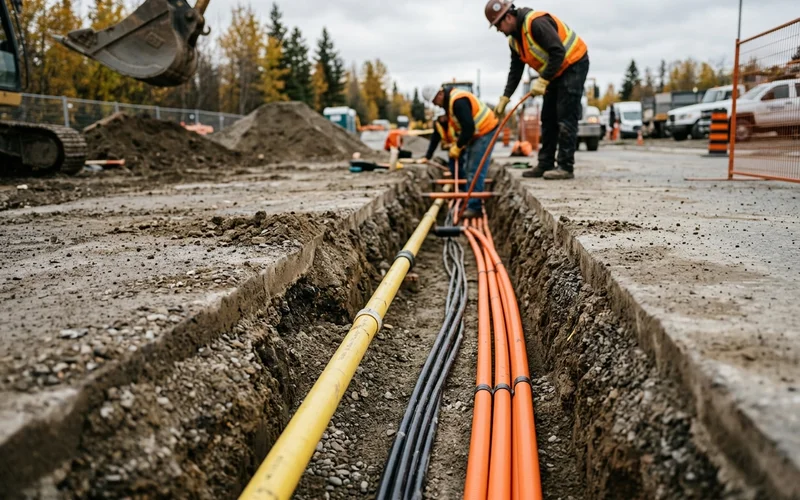 Eight inch slot trench crossing exposed gas and telecom lines with new fiber conduit