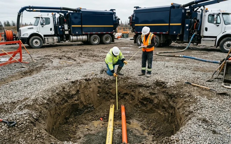 Clean hydrovac test hole exposing a gas line and conduit while two crew members measure depth for the as-built record