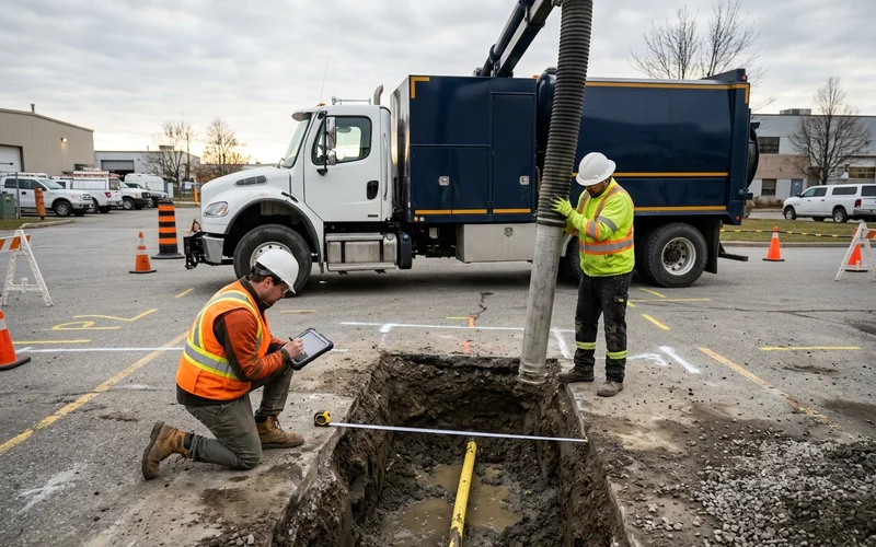 Crew member logging depth and offset of an exposed gas line while a partner holds the vacuum hose