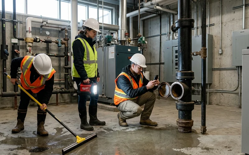 Crew member photographing an opened sanitary cleanout while a partner holds a work light
