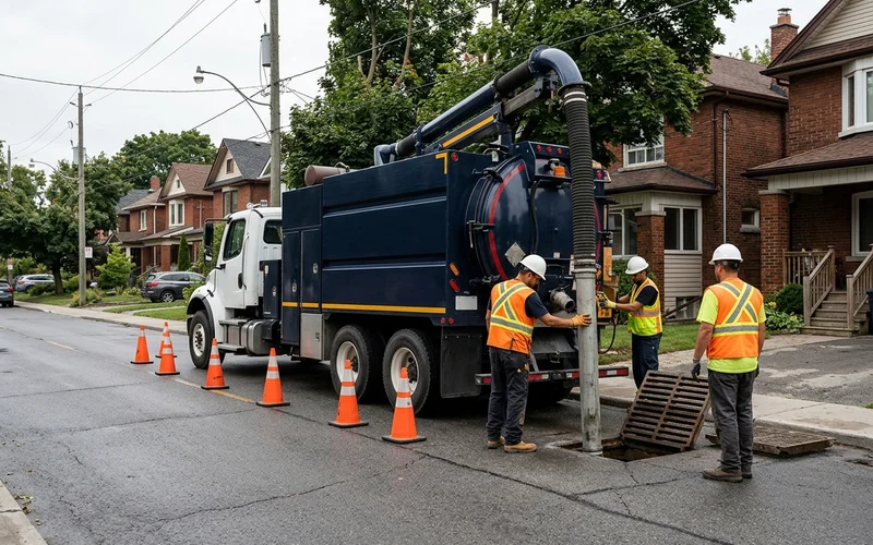 Hydrovac crew cleaning a municipal catch basin on a Toronto street, overcast