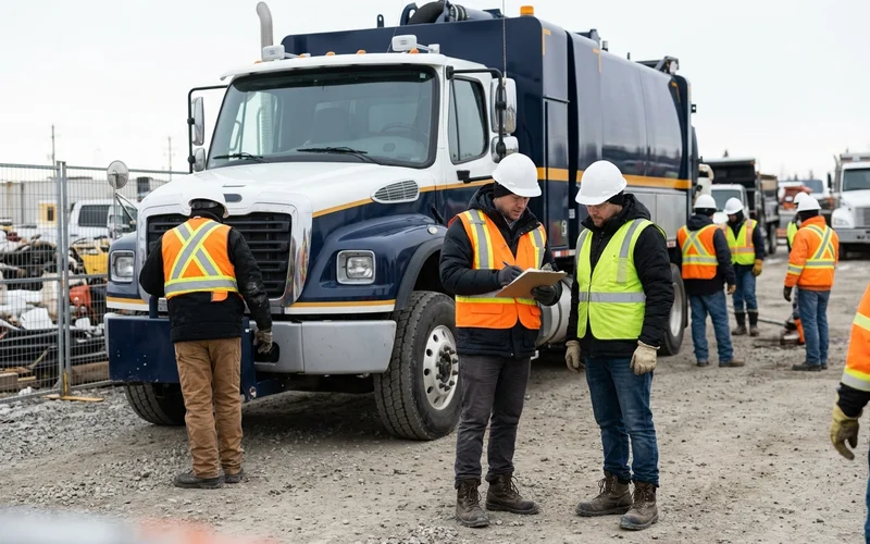 Project manager and crew lead reviewing a winter dig schedule and locate tickets beside the truck