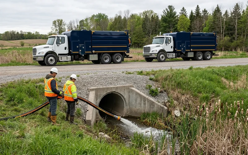 Sewer jetter hose flushing a concrete culvert under a road