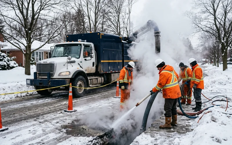Steam rising from a heated hydrovac excavation on a GTA street, crew in winter high-vis