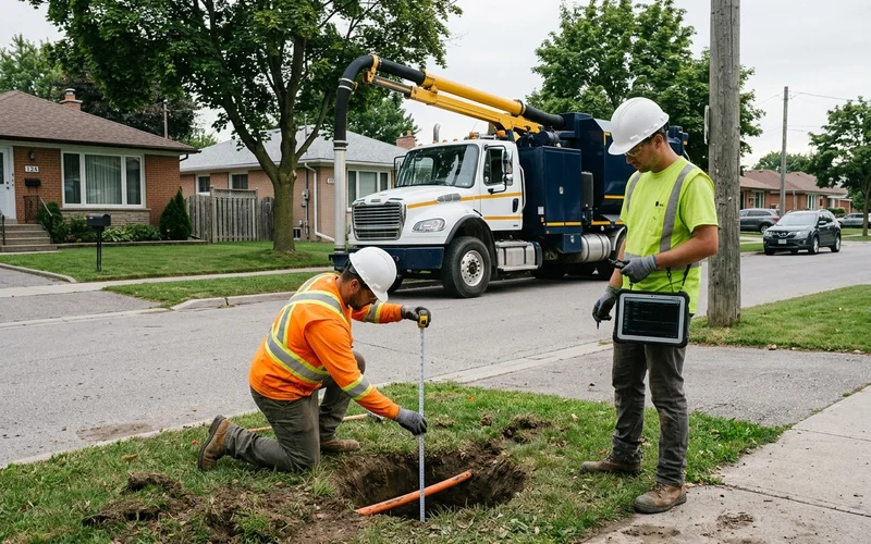 Crew logging the depth of an exposed utility on a GTA boulevard