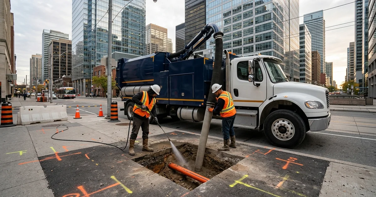 Hydrovac crew of two exposing a fiber line in a clean test pit on a Toronto street