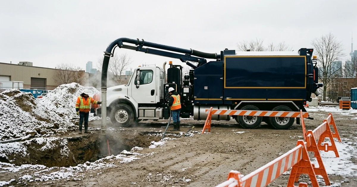Hydrovac truck and two-person crew on a grey early-winter Toronto construction site with first snow on the barricades