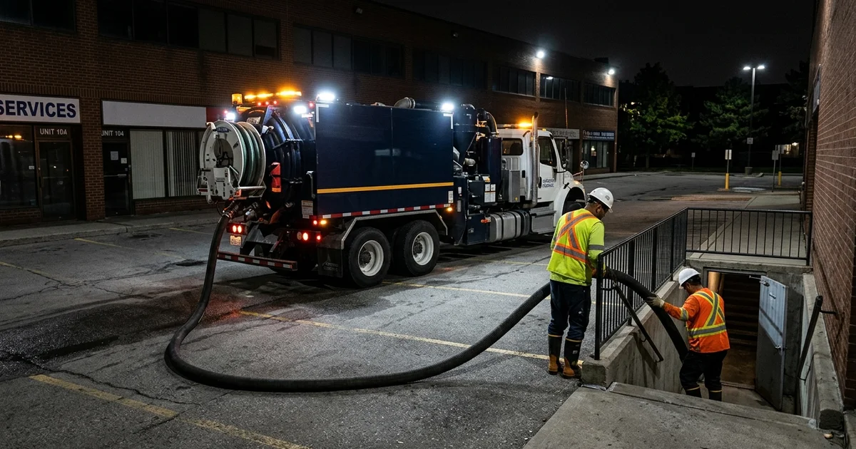 Night-time vacuum truck at a Scarborough commercial property with a hose to the basement entrance and two crew in PPE