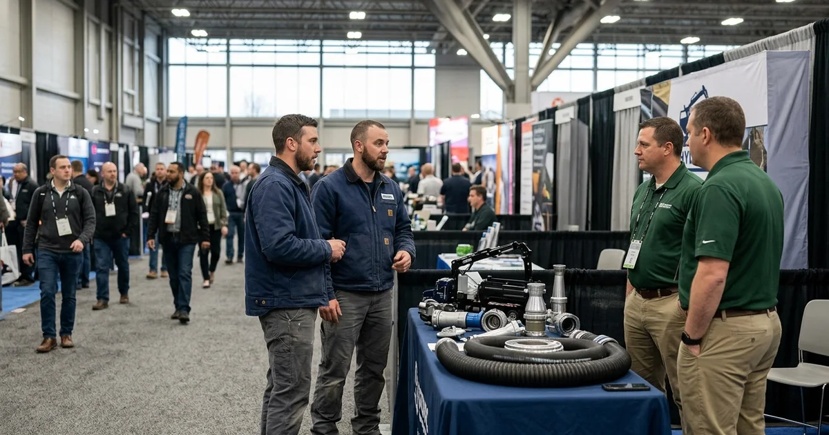 Two Metro Hydrovac Toronto crew members talking with municipal staff at a public works trade show booth