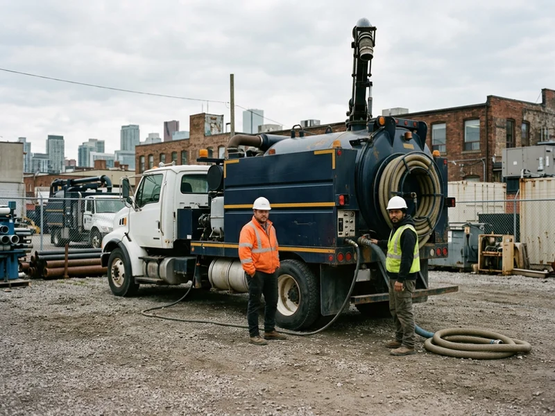 Founder and a crew member beside a used Vactor hydrovac truck in an East End Toronto yard