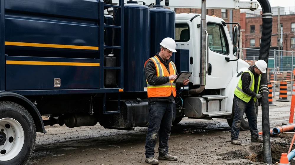 Crew lead checking a rate estimate on a tablet beside a hydrovac truck