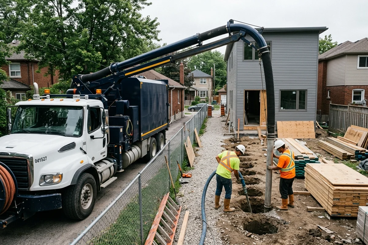Two-person crew excavating a row of pile holes for a house addition in Toronto with the hydrovac boom overhead