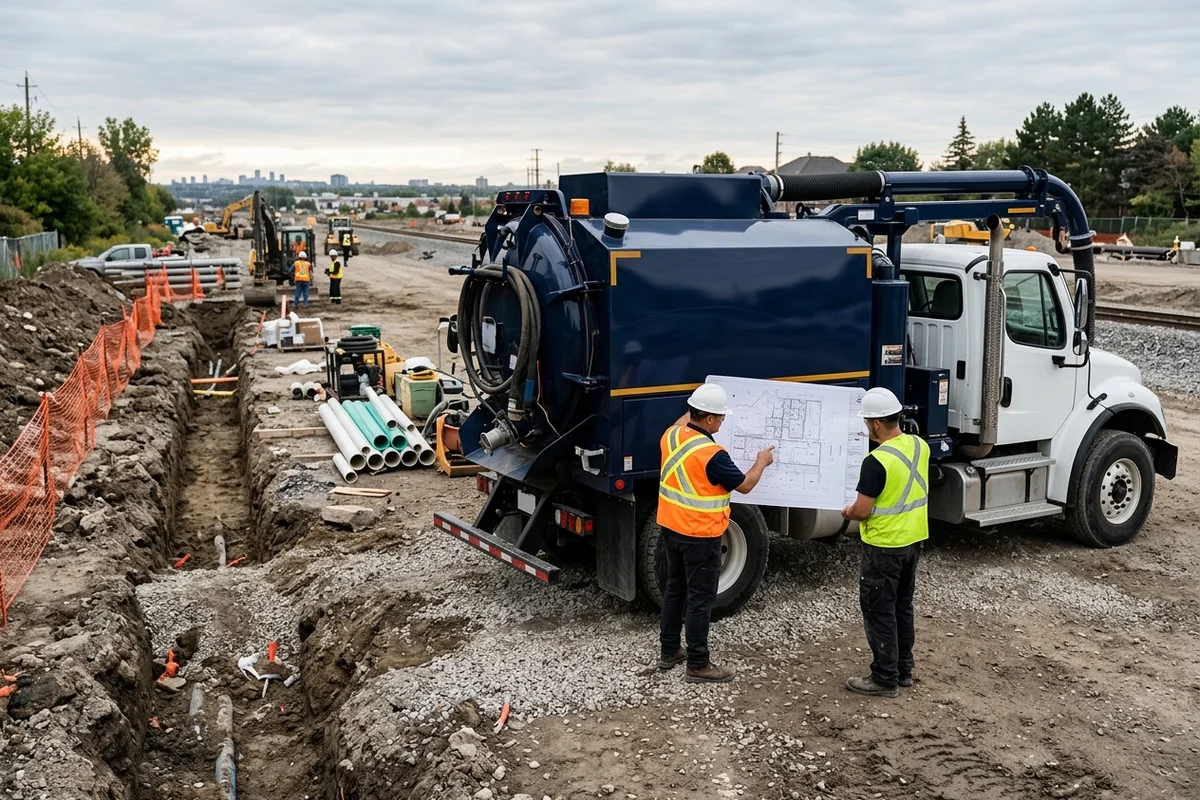 Hydrovac rental truck with operator and contractor reviewing a site plan on a GTA utility relocation