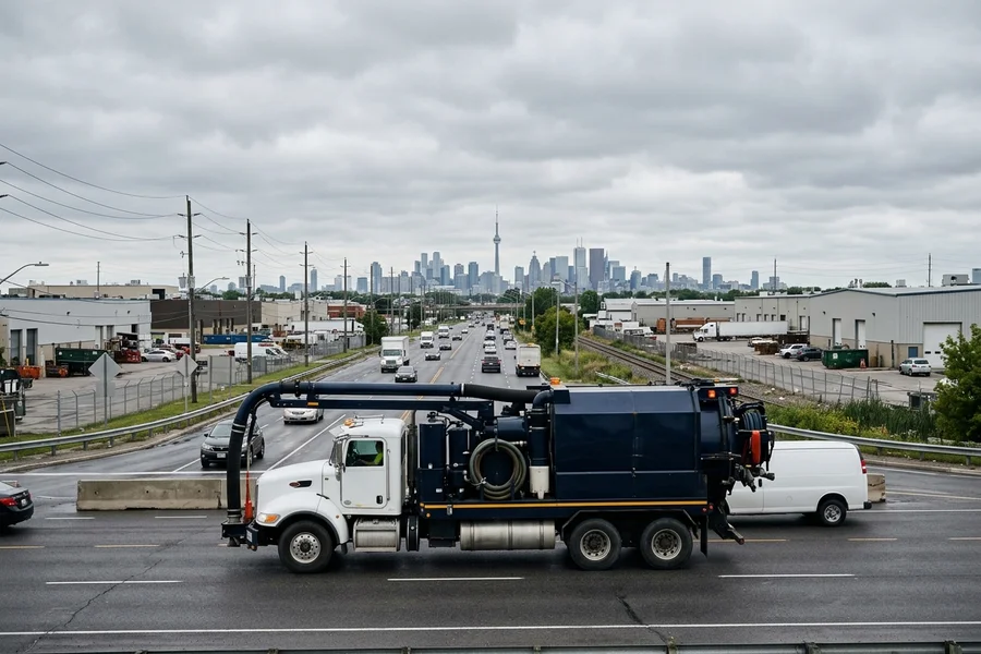 Hydrovac truck on a GTA industrial corridor heading to a utility exposure job