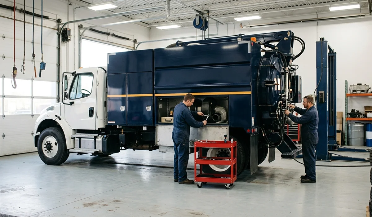 Two mechanics servicing a hydrovac truck's blower and boom hydraulics in the in-house maintenance bay