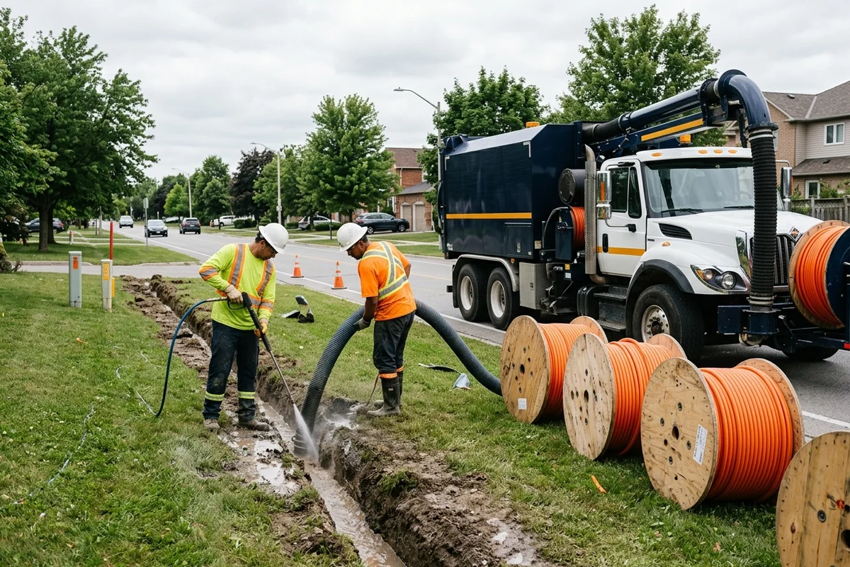 Two crew members cutting a narrow slot trench along a Markham boulevard with orange conduit ready to lay