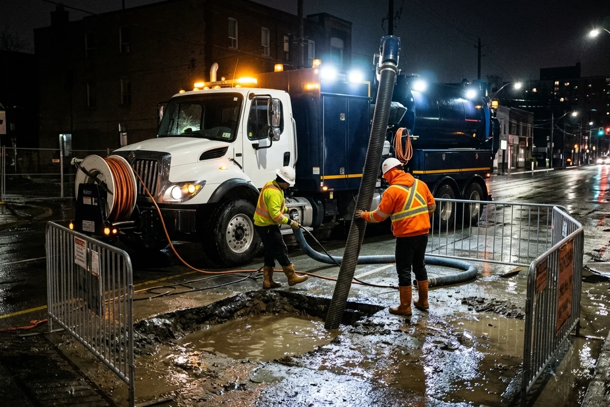 Night-time hydrovac truck and two-person crew at a flooded water main break on a Toronto street