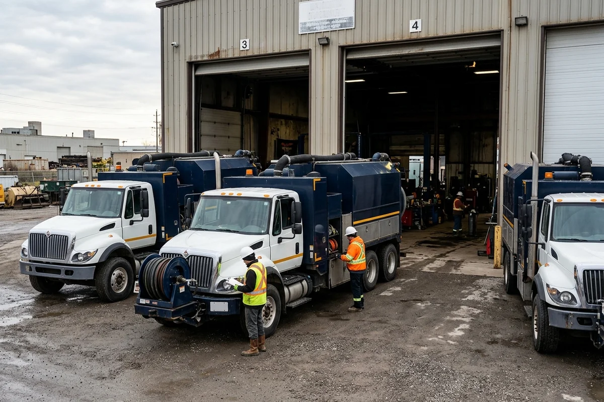 Metro Hydrovac Toronto's three trucks in the Toronto yard with crew doing morning checks