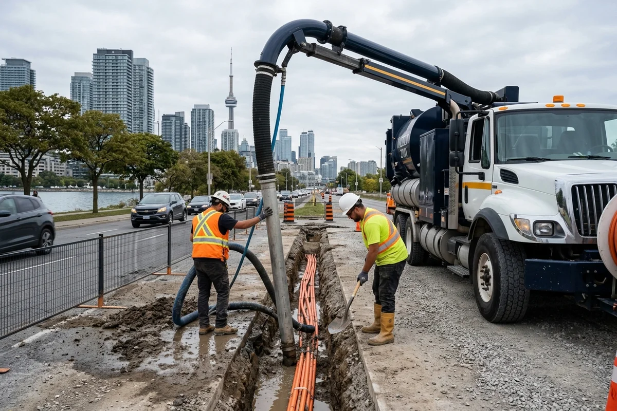 Two crew members daylighting orange fiber optic conduits in a clean trench along Lakeshore Blvd in Toronto