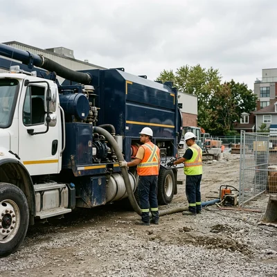 The Metro Hydrovac Toronto Crew beside a hydrovac truck on a Toronto site